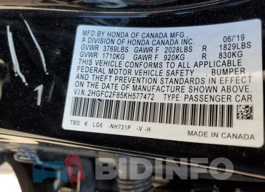 2HGFC2F85KH577472 Photo# 10