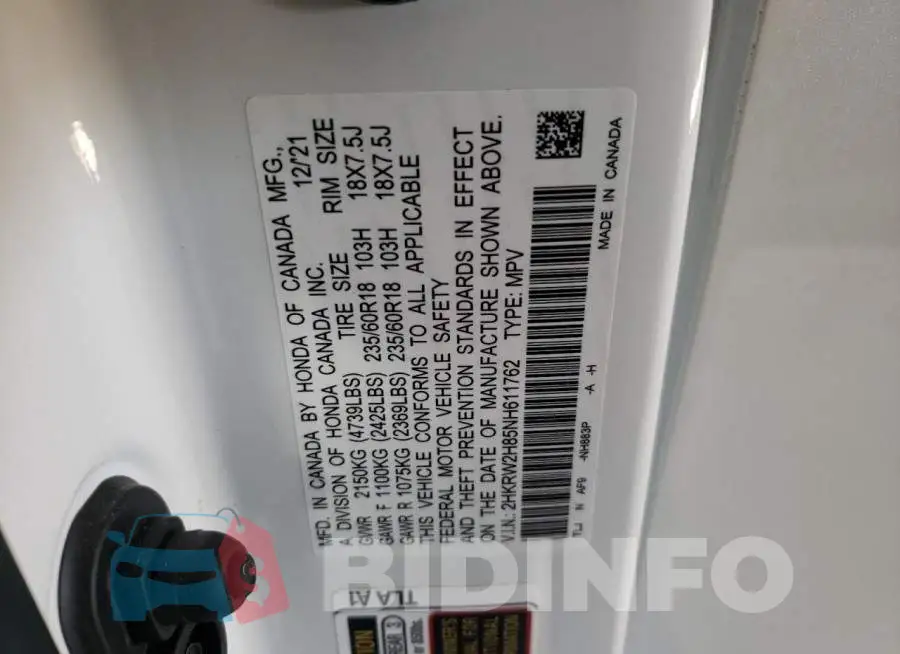 2HKRW2H85NH611762 Photo# 10