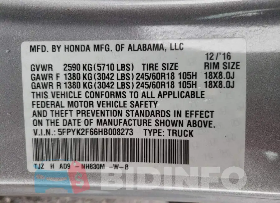 5FPYK2F66HB008273 Photo# 10
