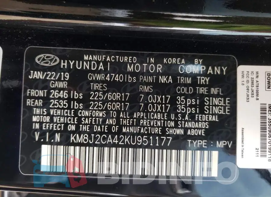 KM8J2CA42KU951177 Photo# 10