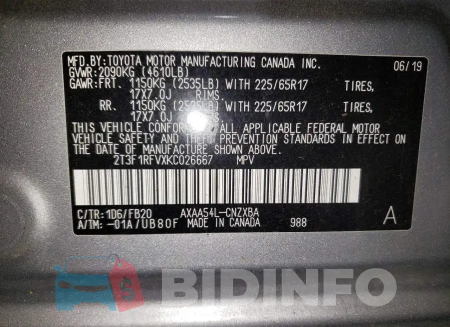 2T3F1RFVXKC026667 Photo# 10