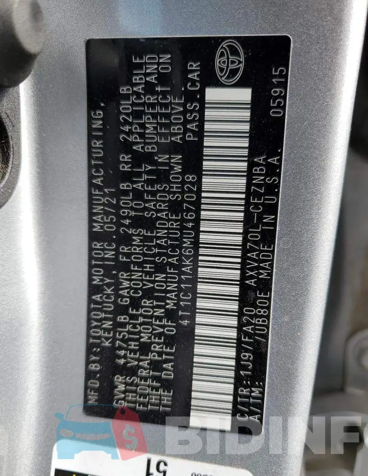 4T1C11AK6MU467028 Photo# 13
