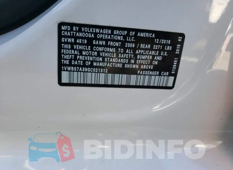 1VWBS7A39GC021312 Photo# 10