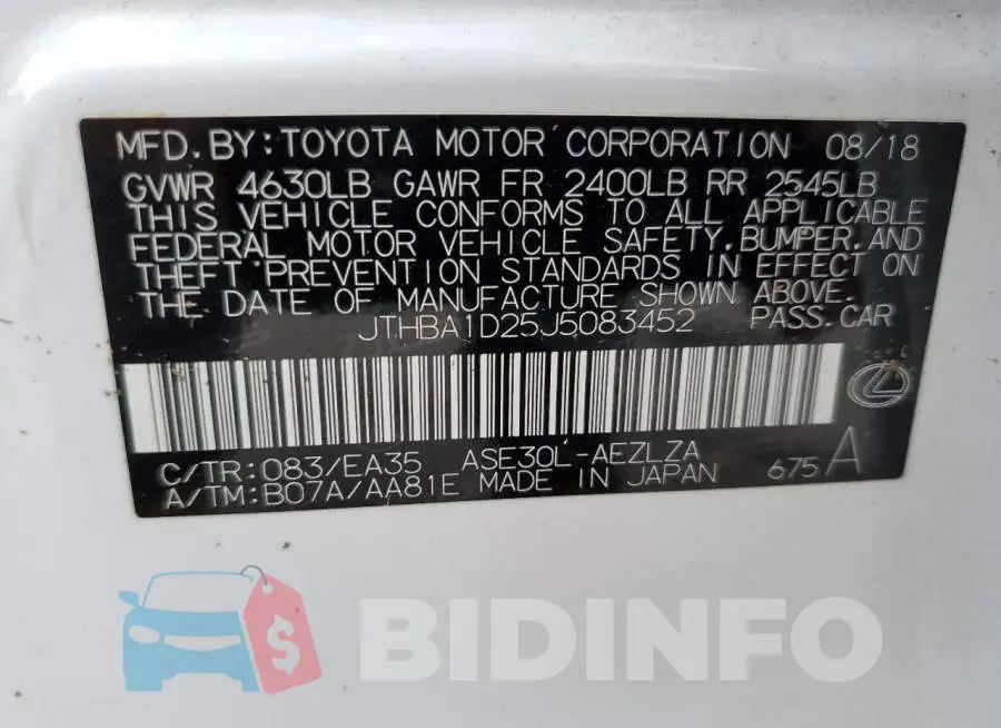 JTHBA1D25J5083452 Photo# 10