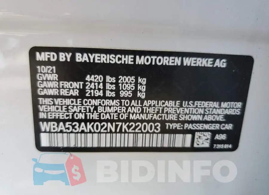 WBA53AK02N7K22003 Photo# 12