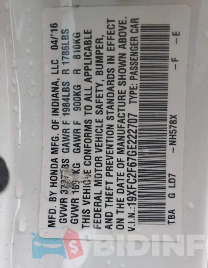 19XFC2F67GE222707 Photo# 10