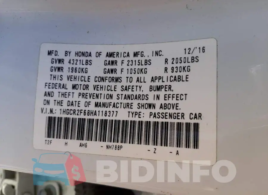 1HGCR2F68HA118377 Photo# 10