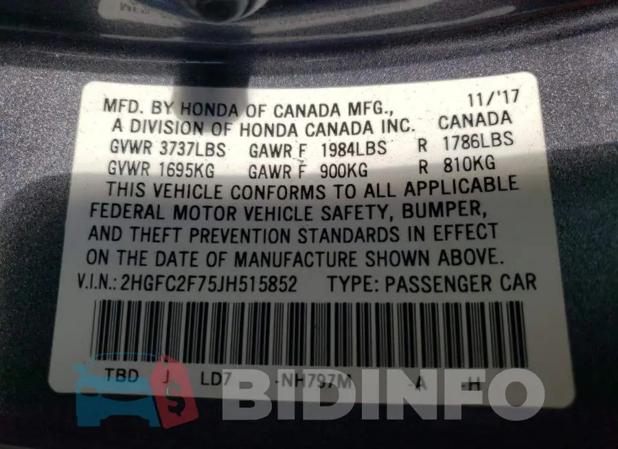 2HGFC2F75JH515852 Photo# 10