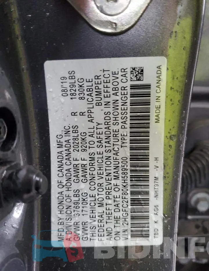 2HGFC2F80KH589500 Photo# 10