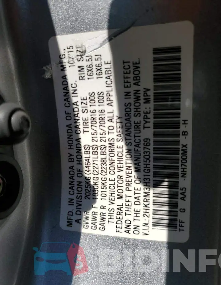 2HKRM3H31GH503769 Photo# 10