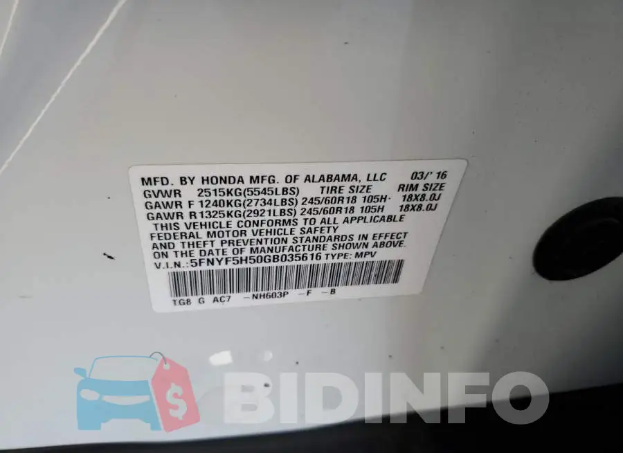 5FNYF5H50GB035616 Photo# 10