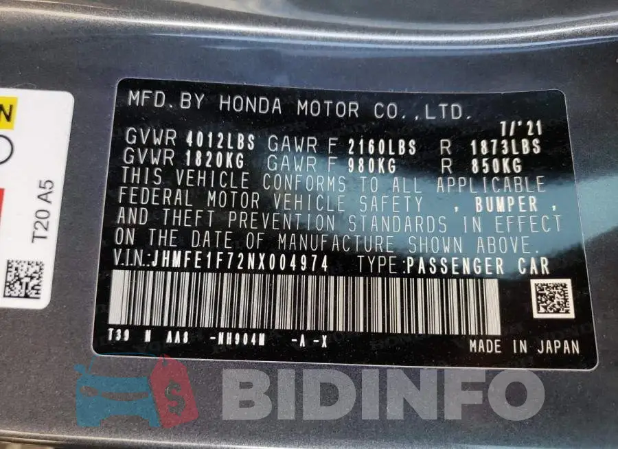 JHMFE1F72NX004974 Photo# 10