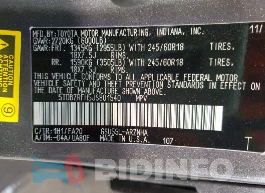 5TDBZRFH5JS801540 Photo# 10