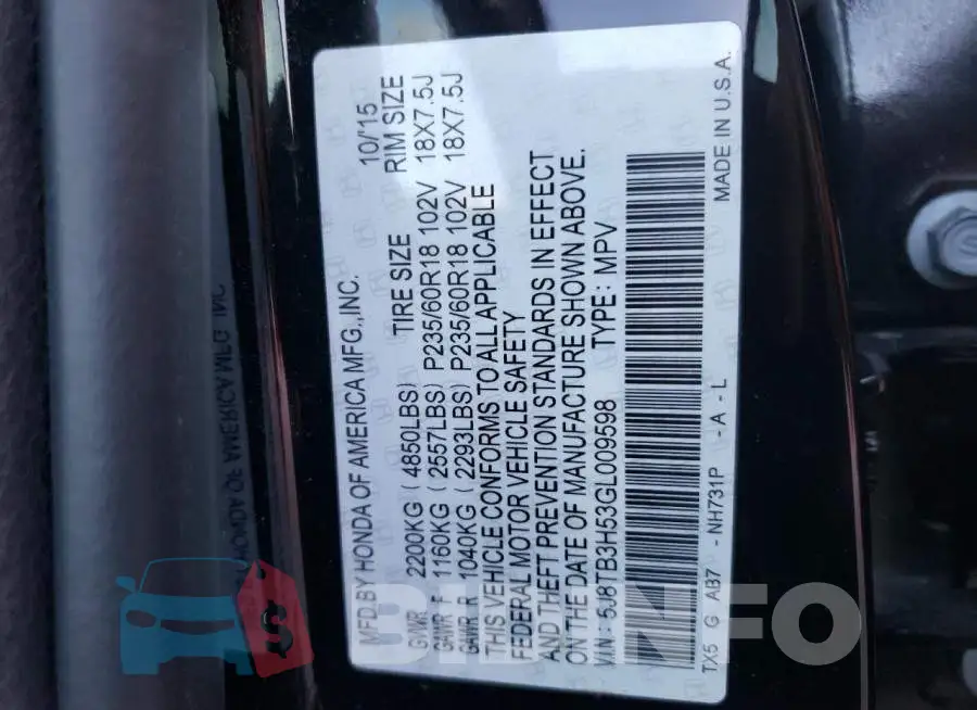 5J8TB3H53GL009598 Photo# 10