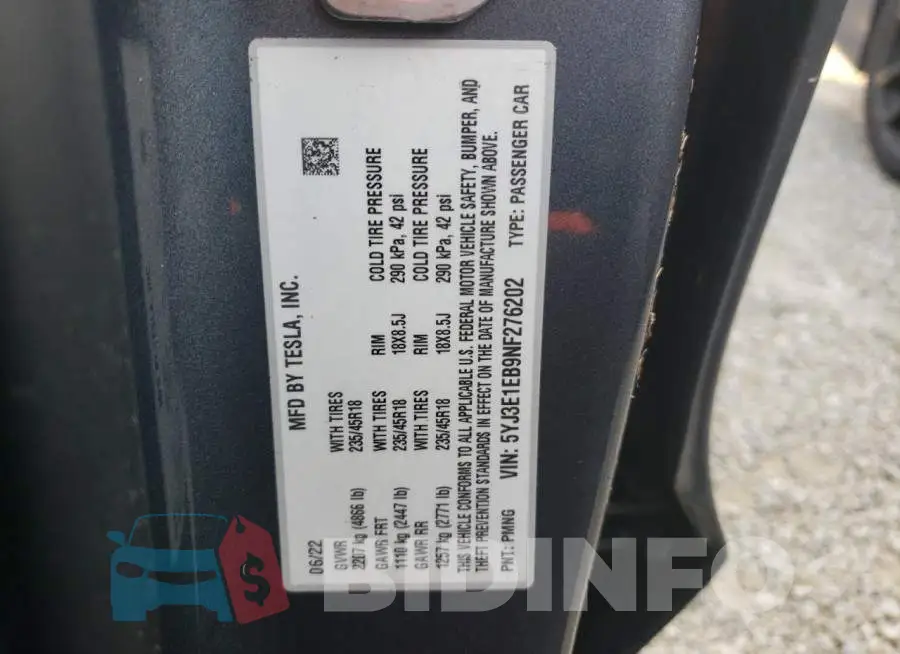 5YJ3E1EB9NF276202 Photo# 10