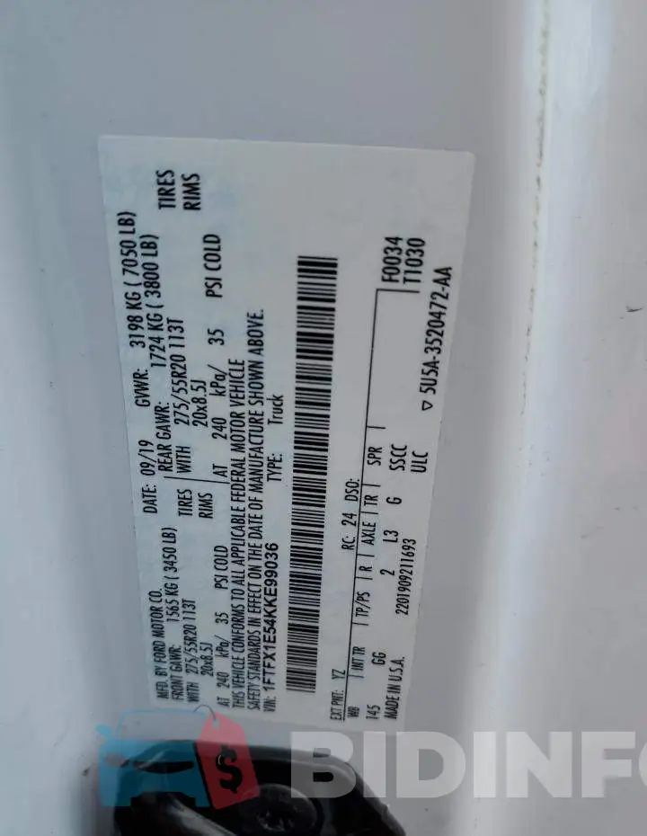 1FTFX1E54KKE99036 Photo# 10