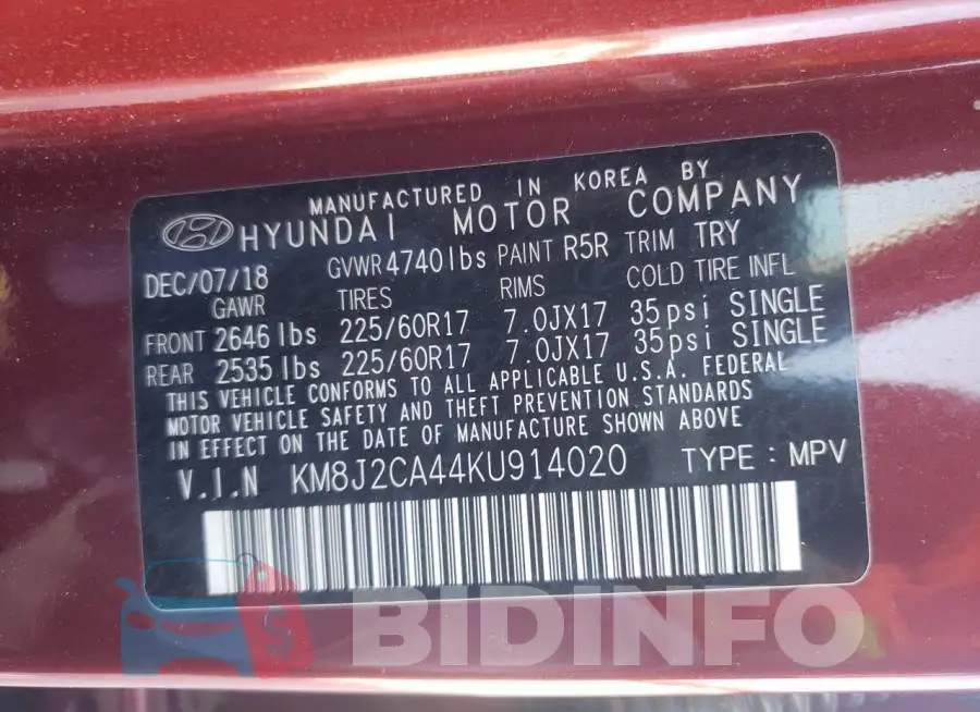 KM8J2CA44KU914020 Photo# 10