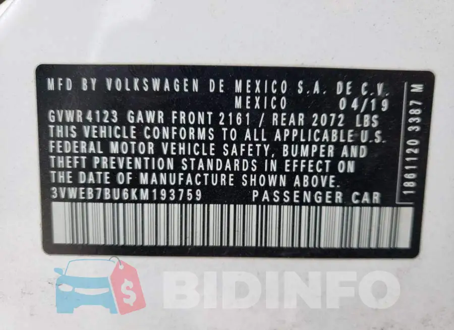3VWEB7BU6KM193759 Photo# 10