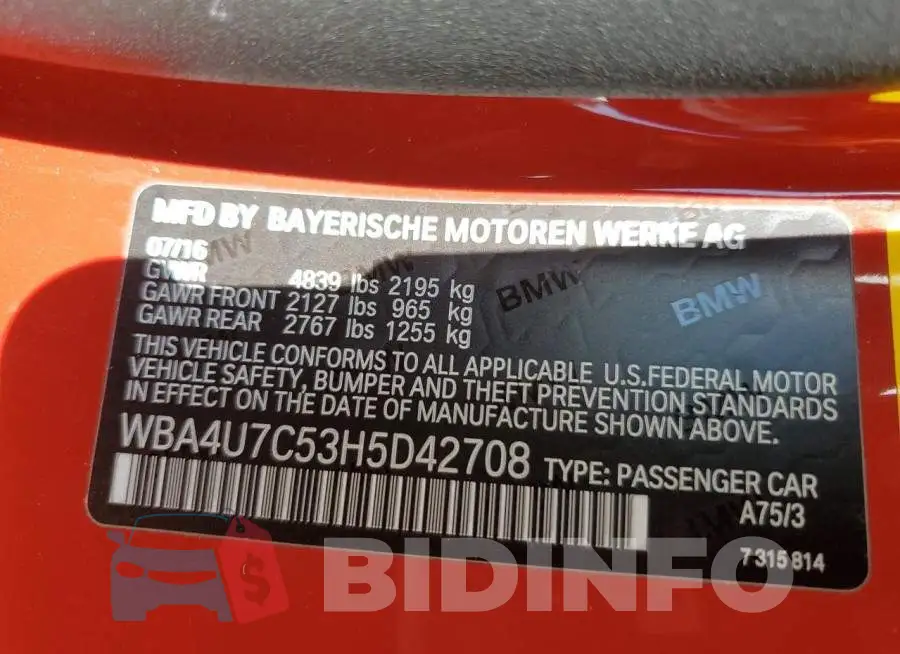 WBA4U7C53H5D42708 Photo# 10