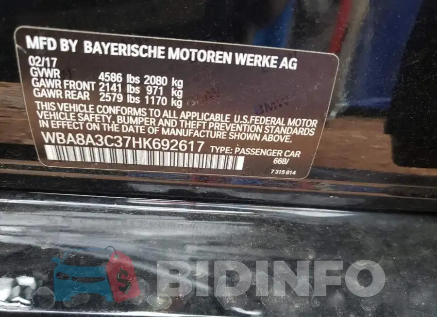 WBA8A3C37HK692617 Photo# 10