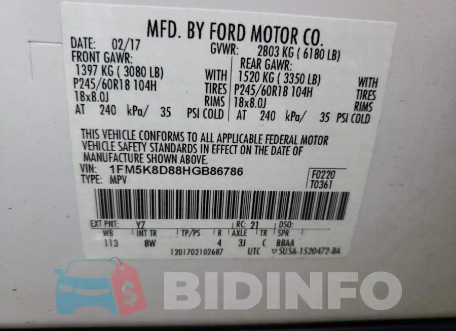 1FM5K8D88HGB86786 Photo# 10