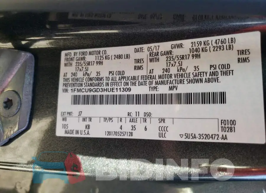 1FMCU9GD3HUE11309 Photo# 10