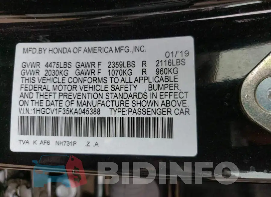 1HGCV1F35KA045388 Photo# 10