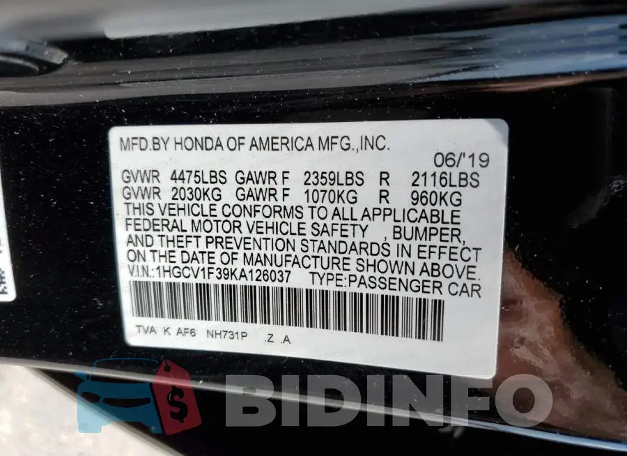 1HGCV1F39KA126037 Photo# 10
