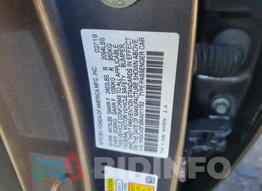 1HGCV2F30KA011753 Photo# 10