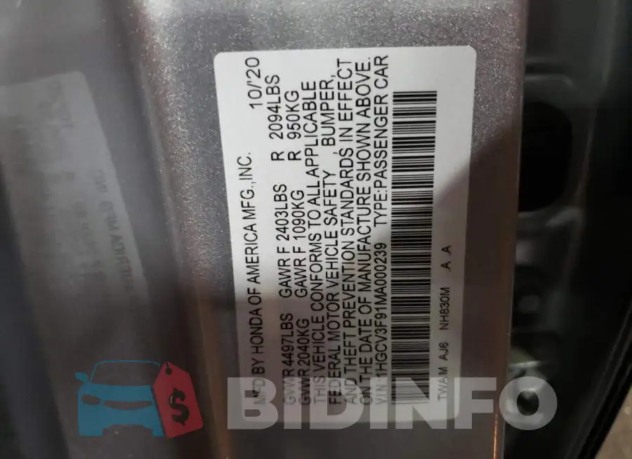 1HGCV3F91MA000239 Photo# 10