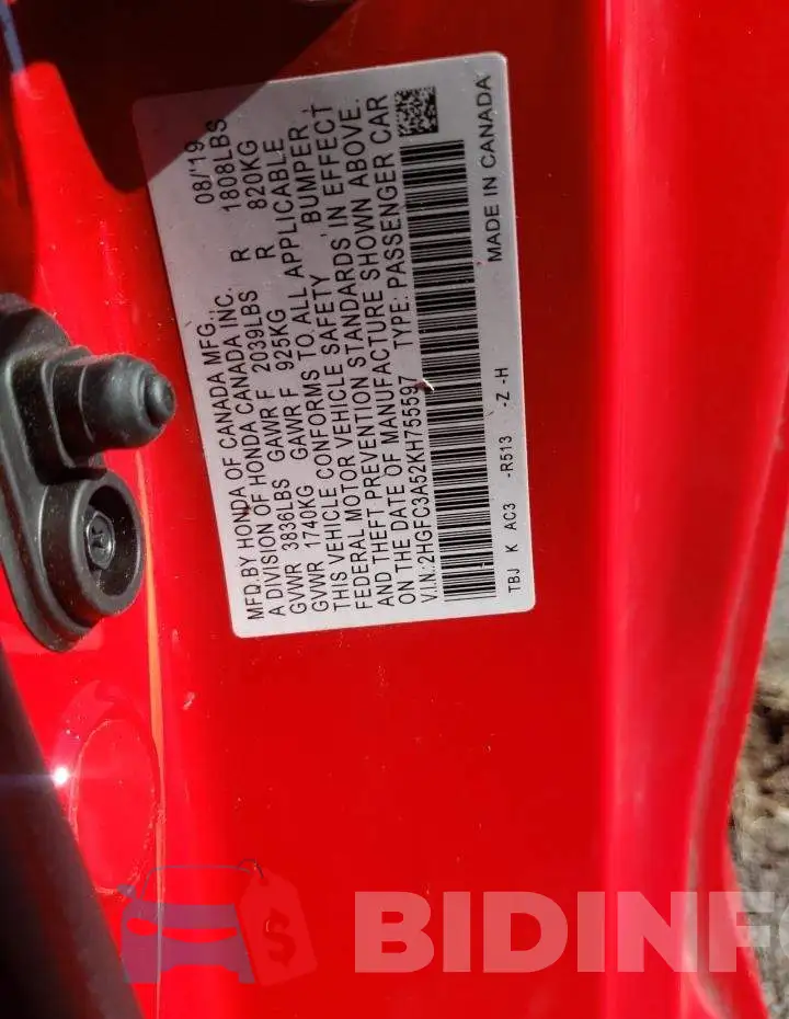 2HGFC3A52KH755597 Photo# 10