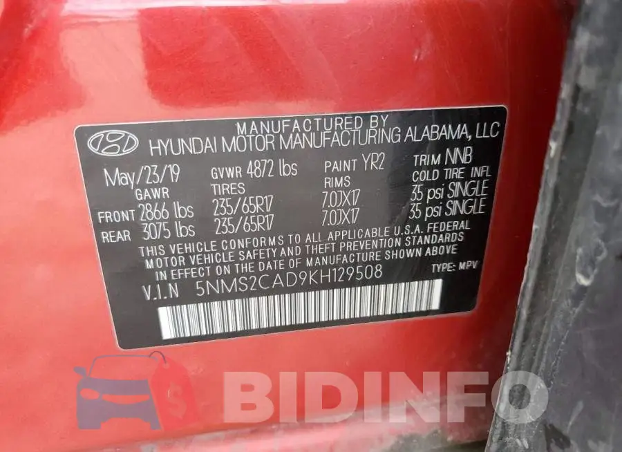 5NMS2CAD9KH129508 Photo# 10