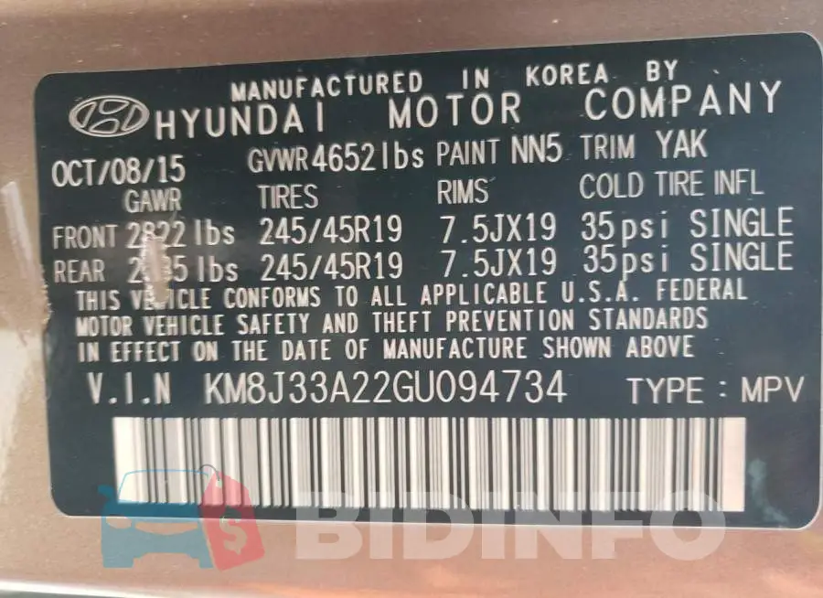 KM8J33A22GU094734 Photo# 10