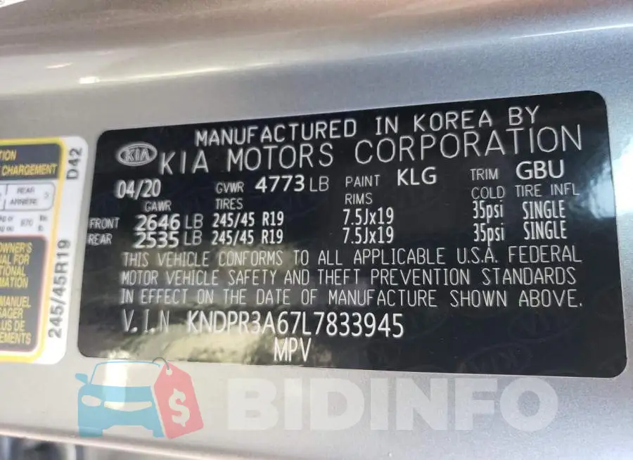 KNDPR3A67L7833945 Photo# 10