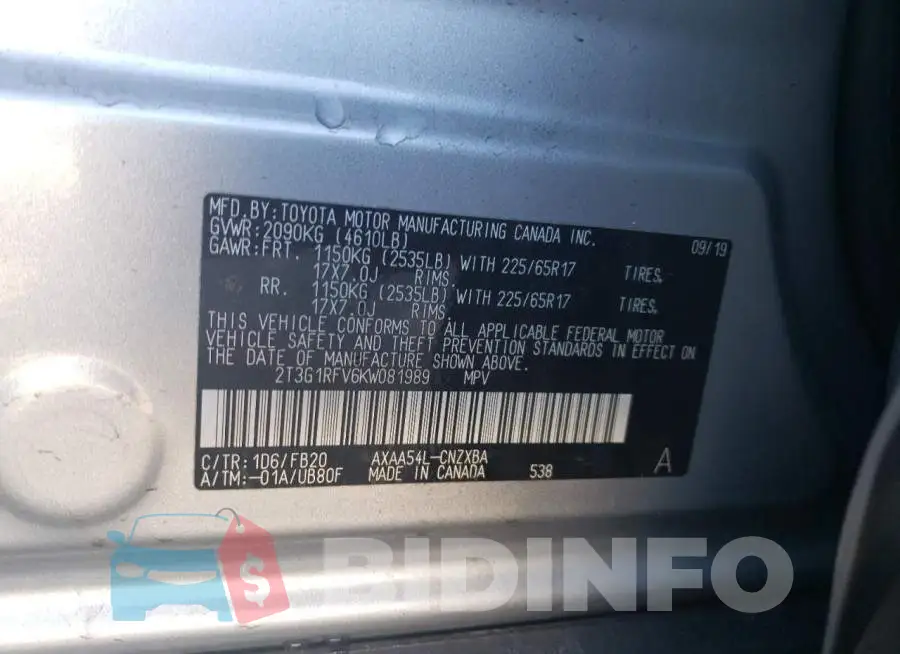 2T3G1RFV6KW081989 Photo# 10