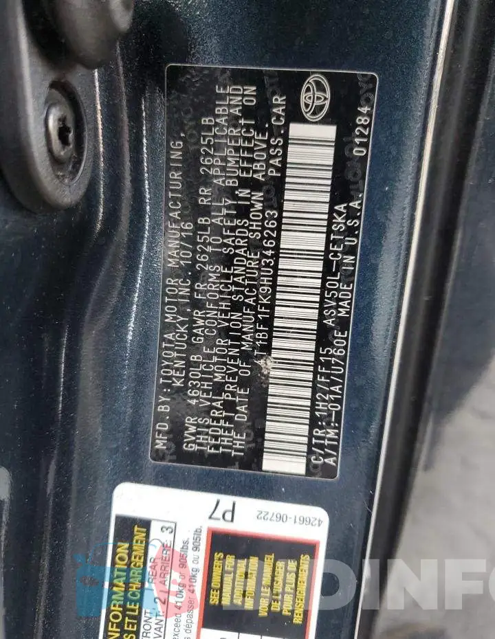 4T1BF1FK9HU346263 Photo# 10
