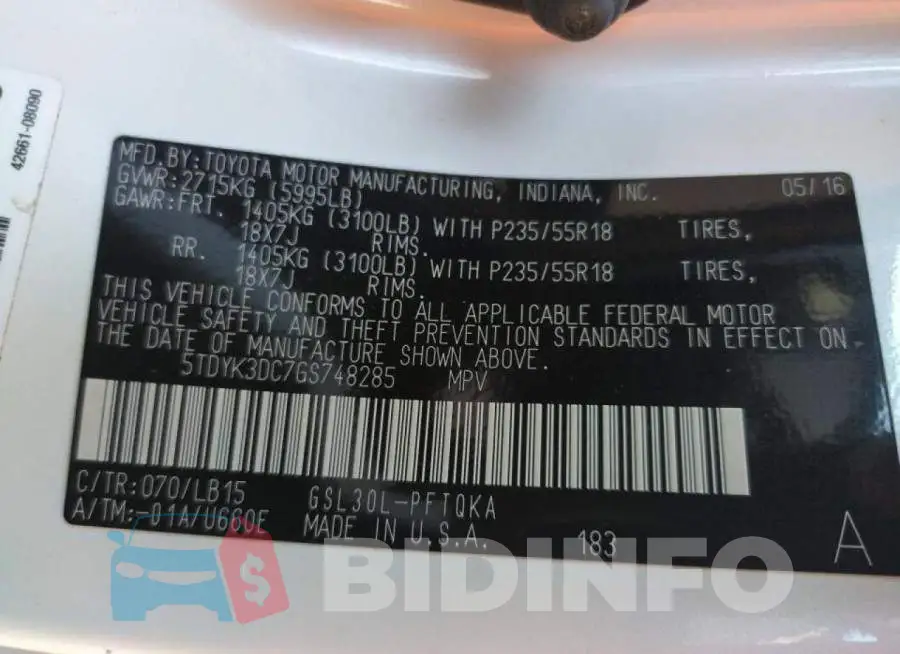 5TDYK3DC7GS748285 Photo# 10