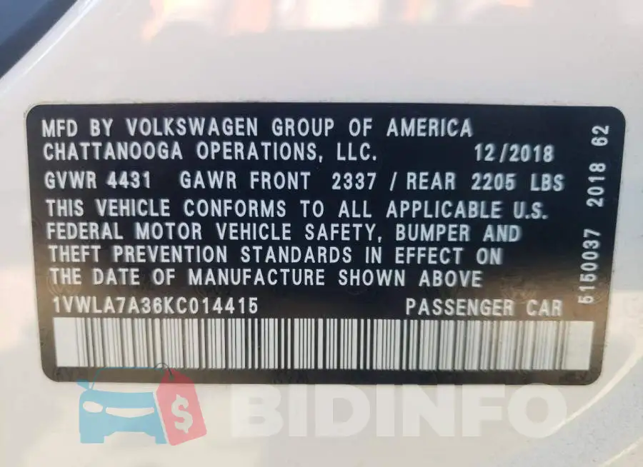 1VWLA7A36KC014415 Photo# 10