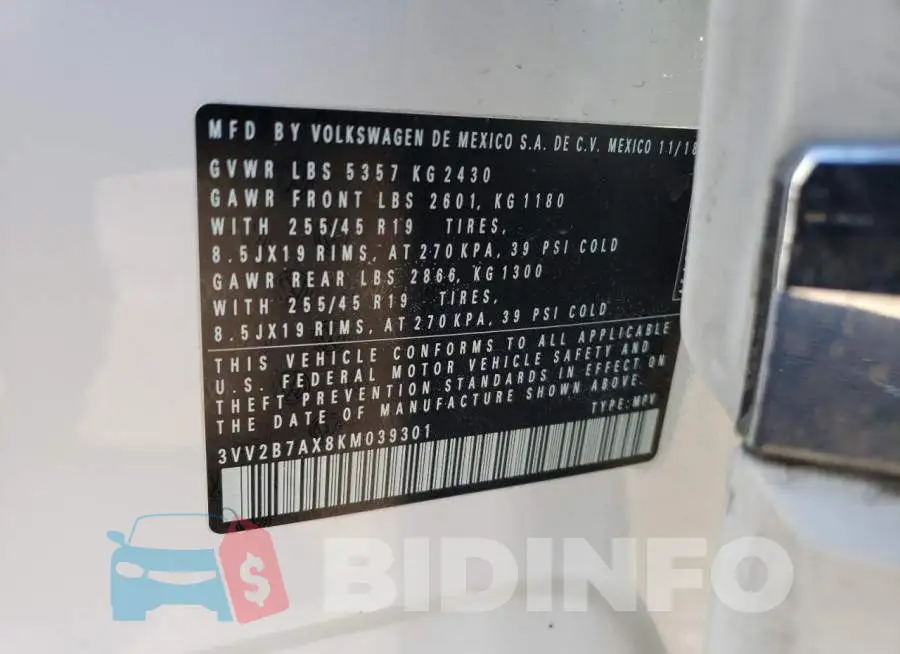 3VV2B7AX8KM039301 Photo# 10