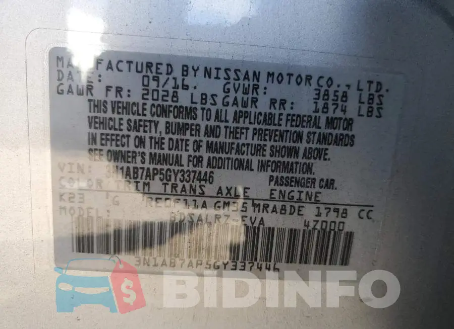 3N1AB7AP5GY337446 Photo# 10