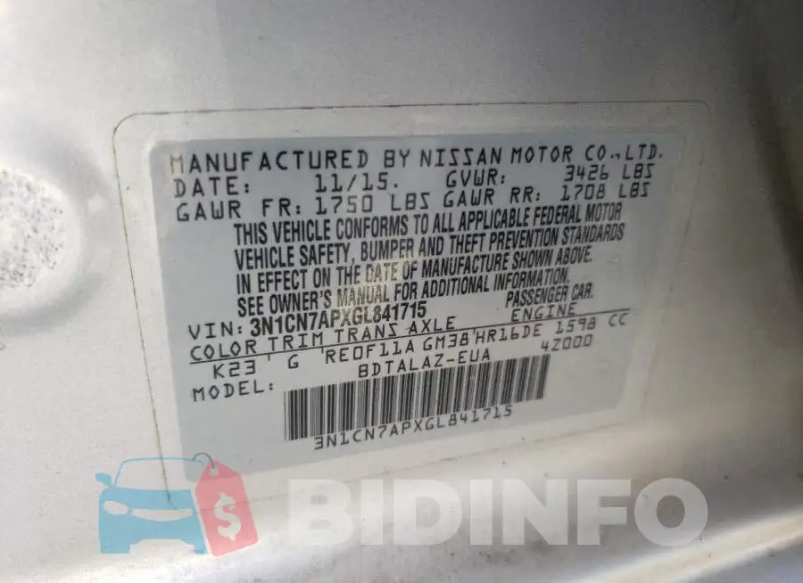 3N1CN7APXGL841715 Photo# 10