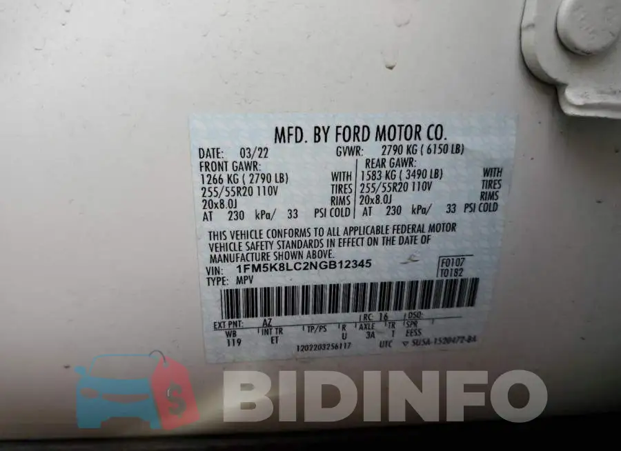 1FM5K8LC2NGB12345 Photo# 10