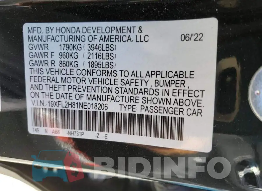 19XFL2H81NE018206 Photo# 10