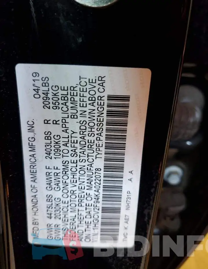 1HGCV2F94KA022078 Photo# 10