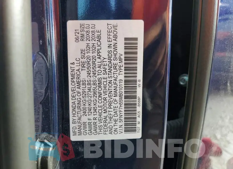 5FNYF7H55MB010119 Photo# 10