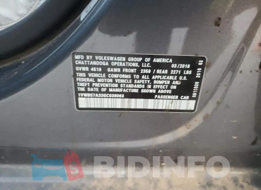1VWBS7A33GC038963 Photo# 10
