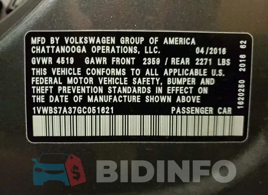 1VWBS7A37GC051621 Photo# 10