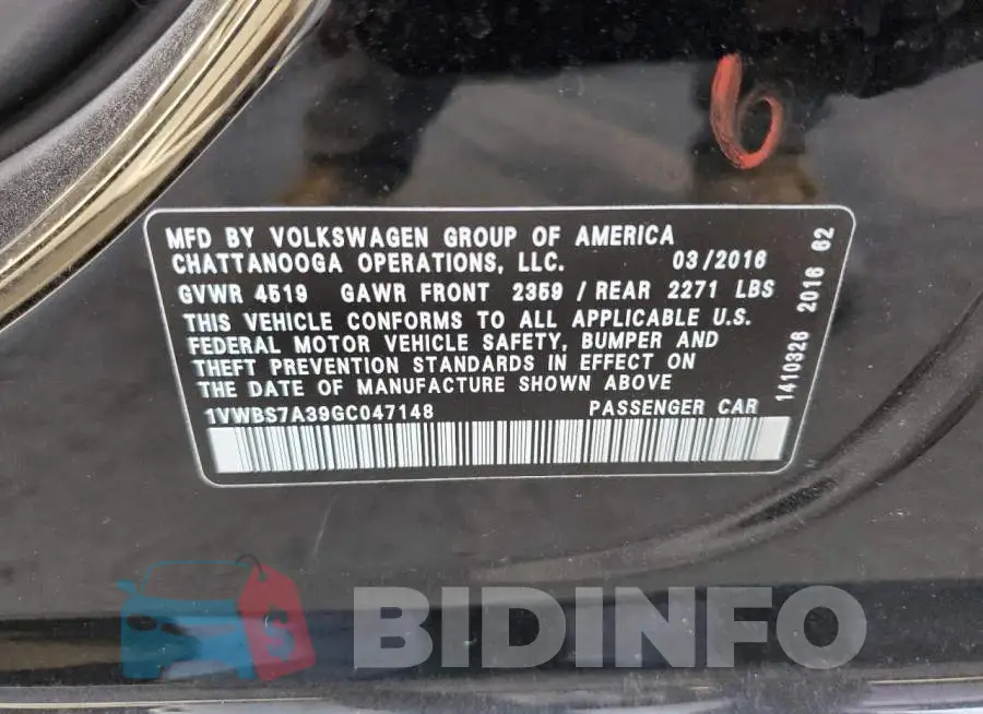 1VWBS7A39GC047148 Photo# 10