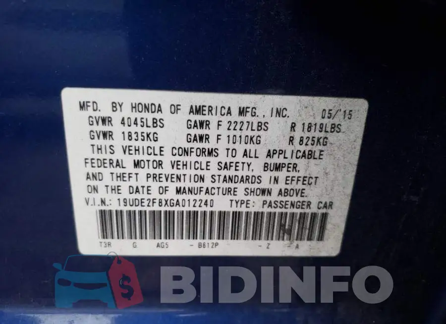 19UDE2F8XGA012240 Photo# 10