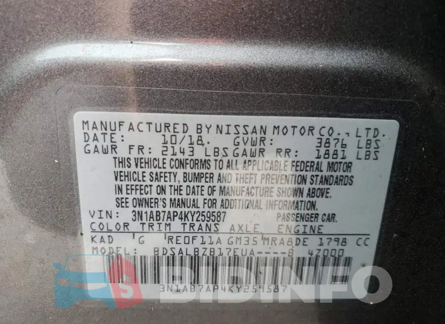 3N1AB7AP4KY259587 Photo# 10